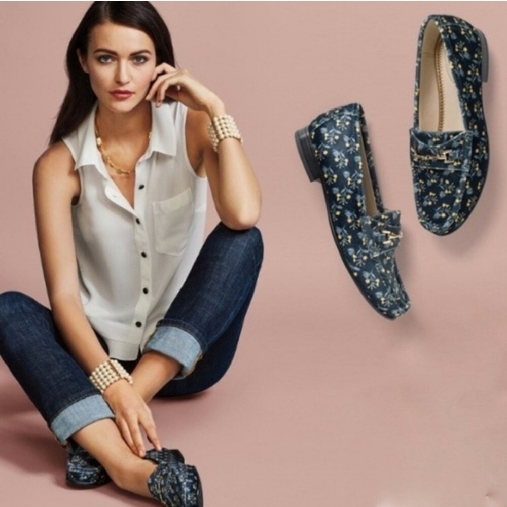 Cabi Blue Carnaby Velvet Floral Loafers Blue Yellow 7 Horse Bit EUC